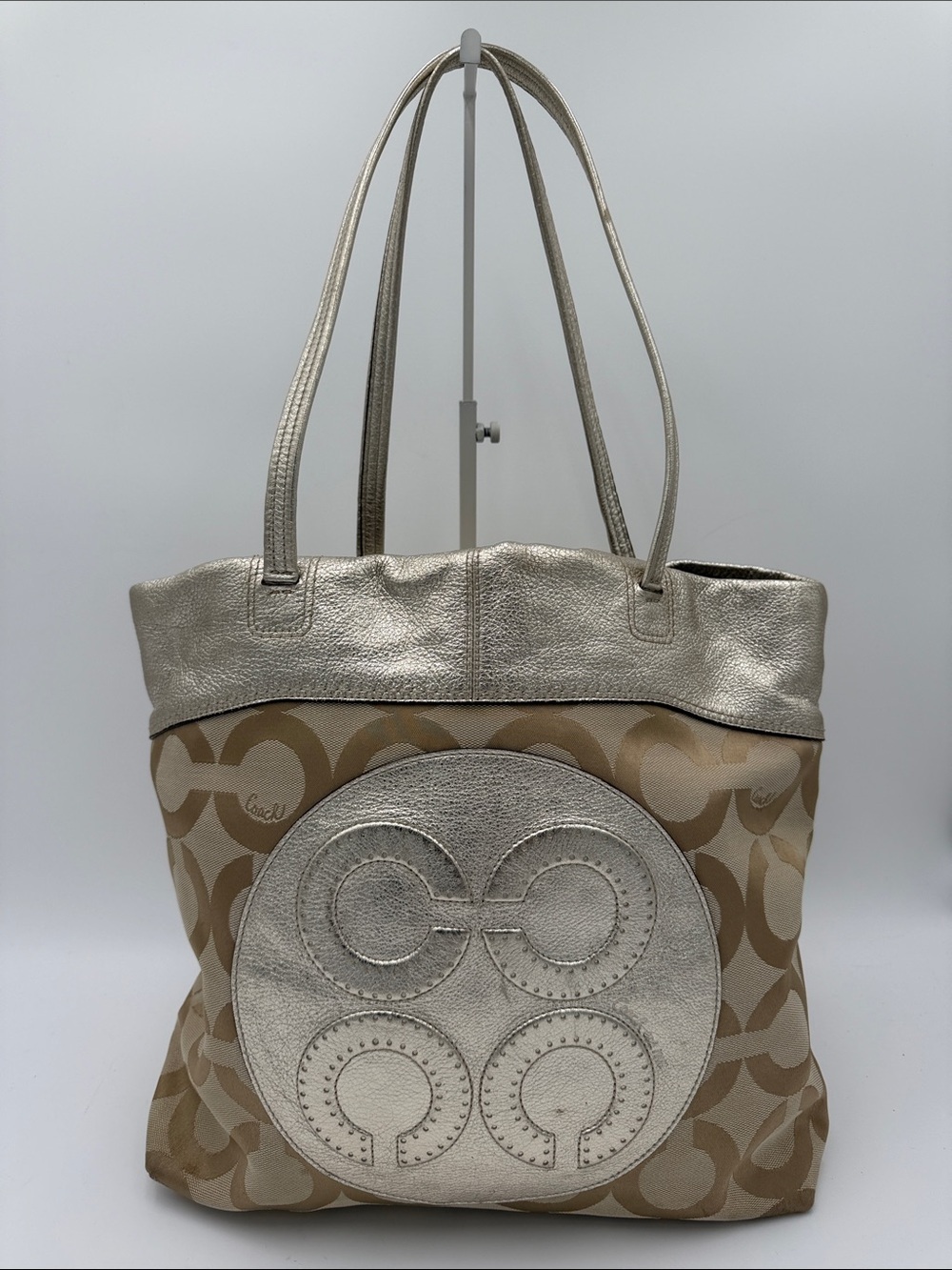 Coach Julia Op Art Perry Tote 15013 Metallic Champagne Jacquard Leather Shoulder
